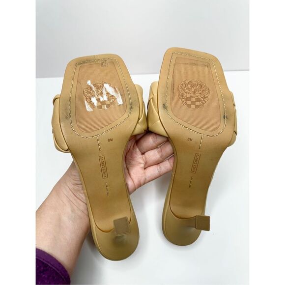 Vince Camuto Sandals Womens Size 8 Tan Leather Square Toe Slip On Woven Heels - Picture 9 of 9